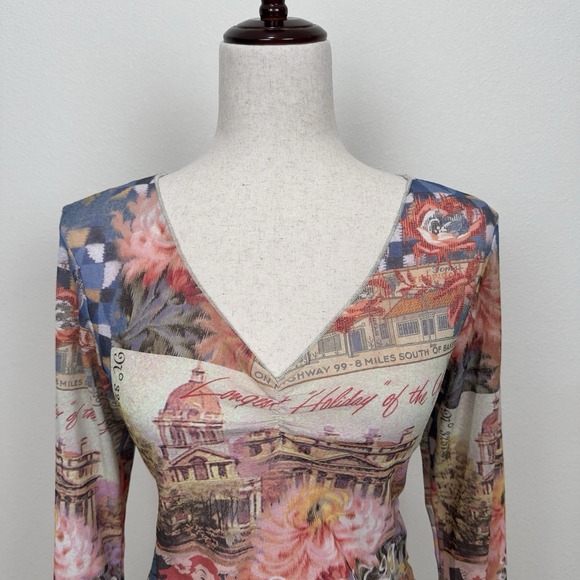 Y2K Vibrant Hawaiian Print Top Womens Medium* Hula Girl Lettuce Hem Dainty Fairy - Picture 2 of 12